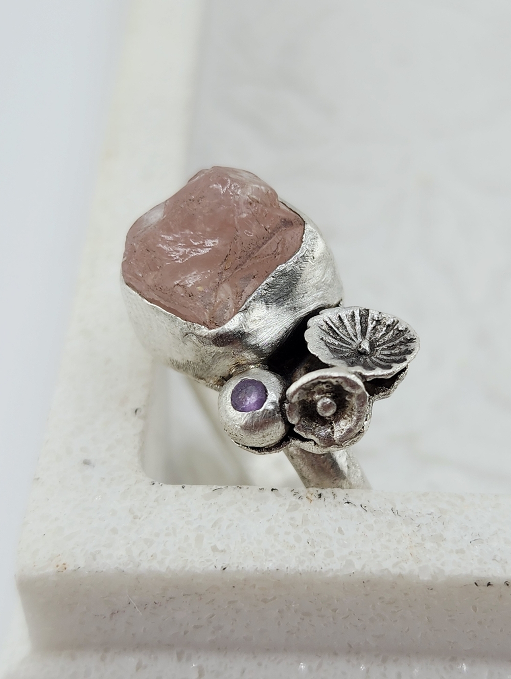 ROSE QUARTZ & AMETHYST FLOWER RING HANDMADE IN STERLING SILVER 7.5